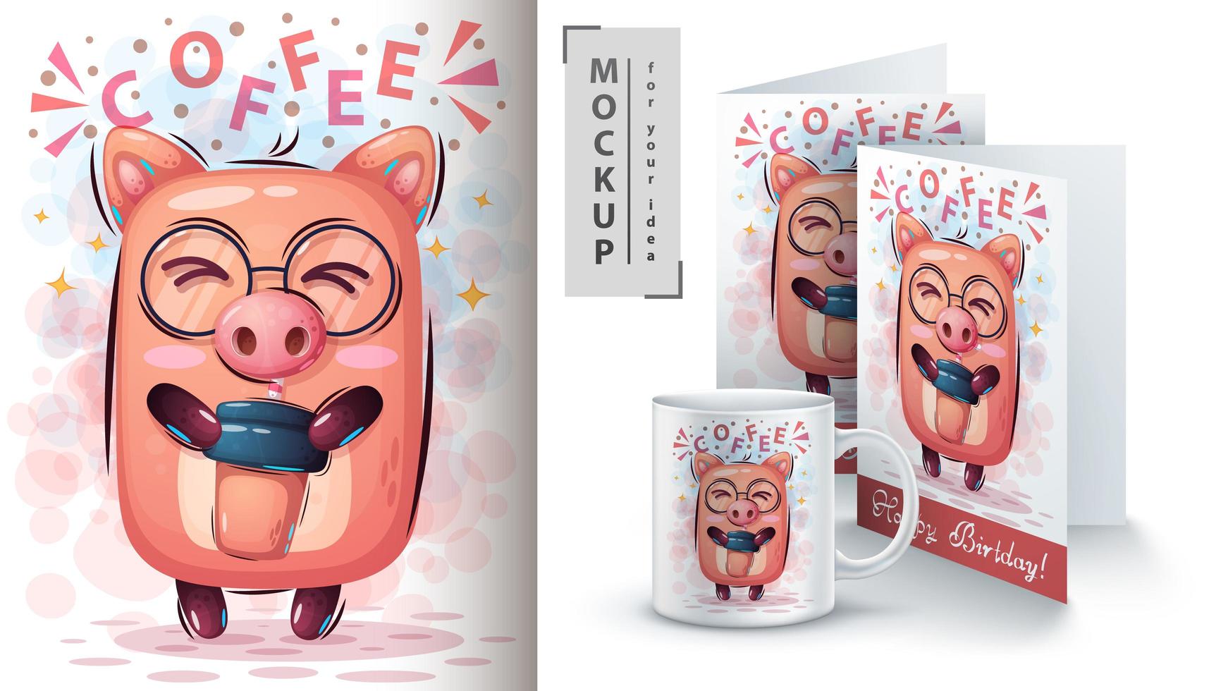 maiale di cartone animato con una tazza di caffè mock up vettore