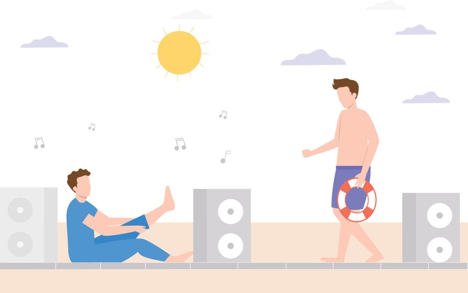 due ragazzi che si divertono sulla spiaggia con sistema audio. vettore