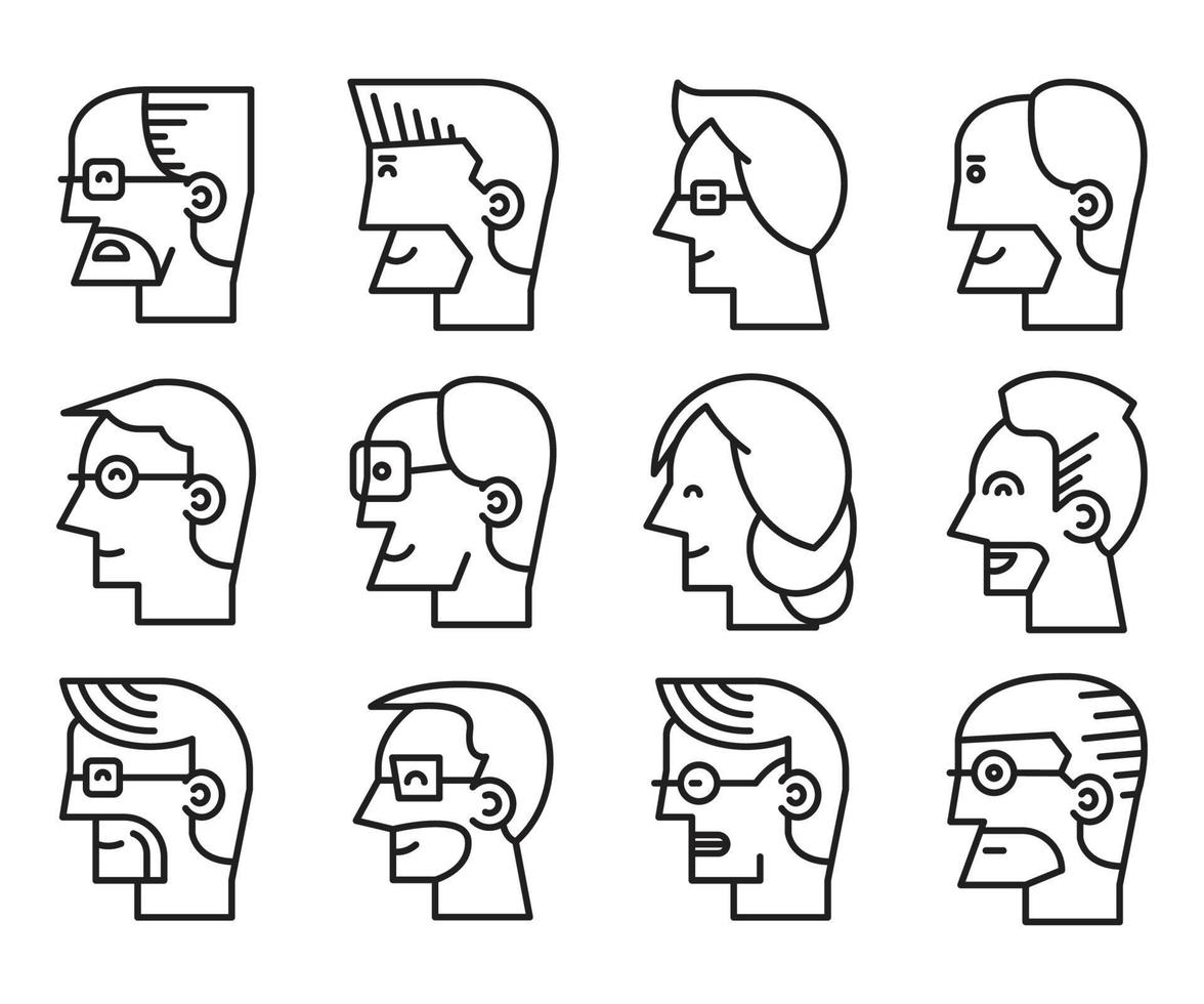 Icone della linea degli avatar del profilo del volto umano vettore