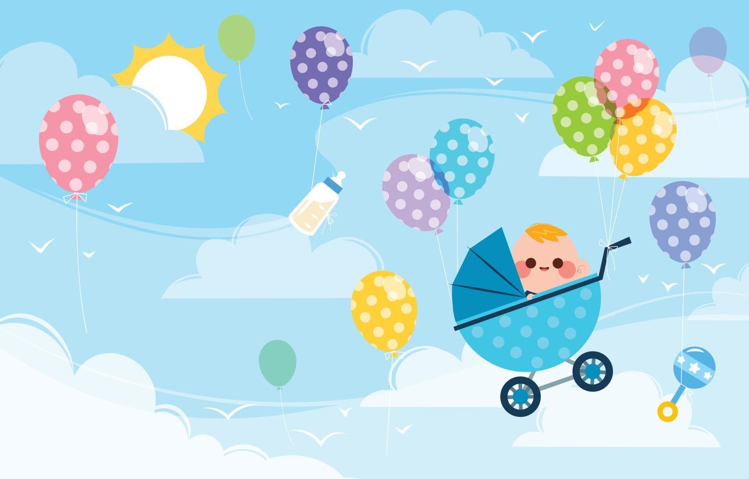 sfondo del concetto di giorno nato con il bambino nel passeggino che galleggia da palloncini vettore