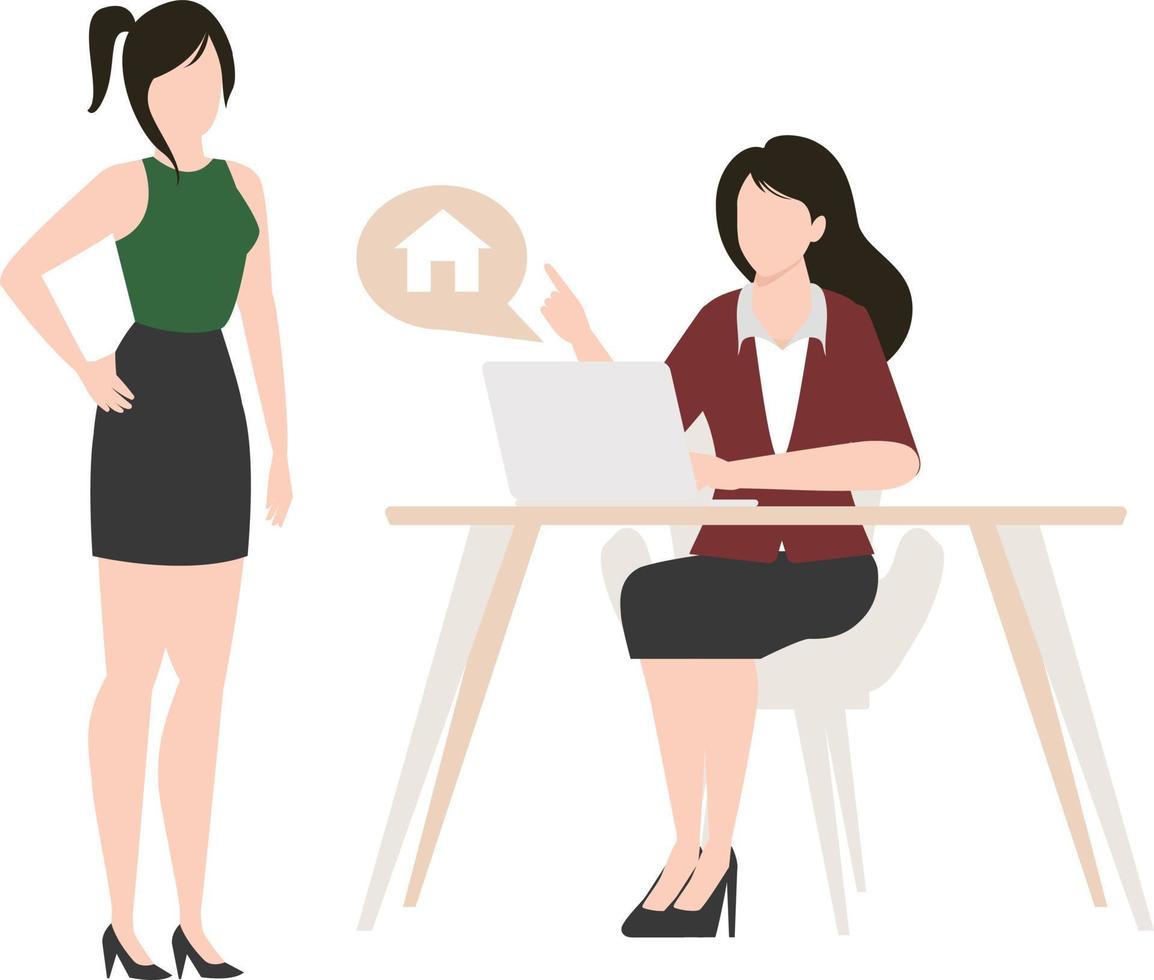 due femmine, una seduta su una sedia e l'altra in piedi vicino al suo tavolo, discutono della proprietà della casa. vettore
