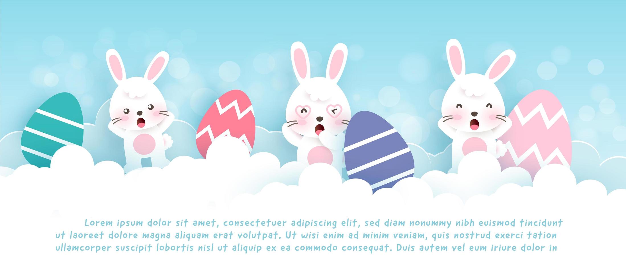 banner del giorno di Pasqua con simpatici conigli in giardino vettore
