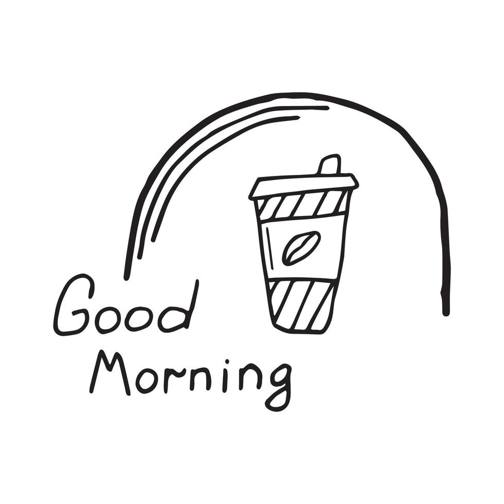 bicchiere di caffè e un'iscrizione con il doodle del buongiorno vettore