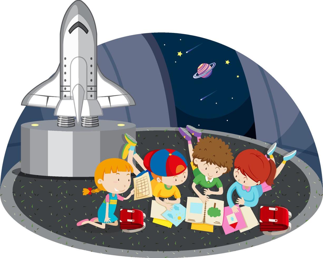tema di astronomia con bambini e astronave vettore