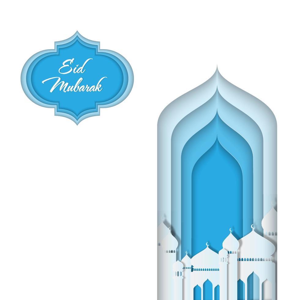 Moschea di carta bianca e blu di vettore 3d. biglietto di auguri eid con moschea origami araba, lanterna. Eid al-Fitr