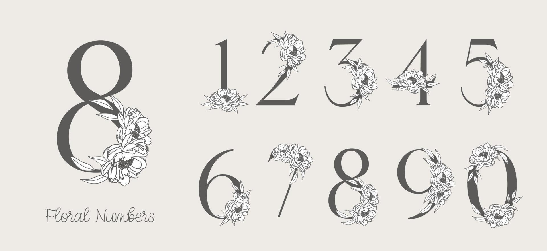 numeri decorati con fiori. elegante numero di fiori floreali, data di rametti floreali e monogramma numerico. vettore