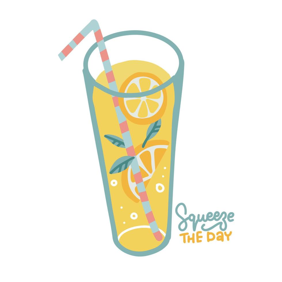 bicchiere di limonata con fettine di limone e cannuccia. bevanda estiva. bevanda rinfrescante con testo lettering - spremere la giornata. illustrazione disegnata a mano piatta vettoriale isolata.