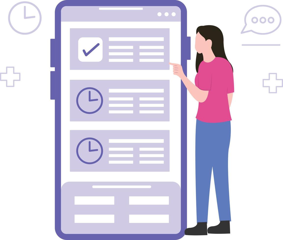 la ragazza sta guardando l'appuntamento sul suo cellulare. vettore
