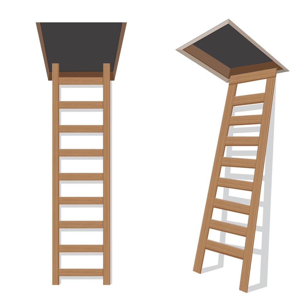 scala di legno per l'illustrazione vettoriale soffitta isolata su sfondo bianco