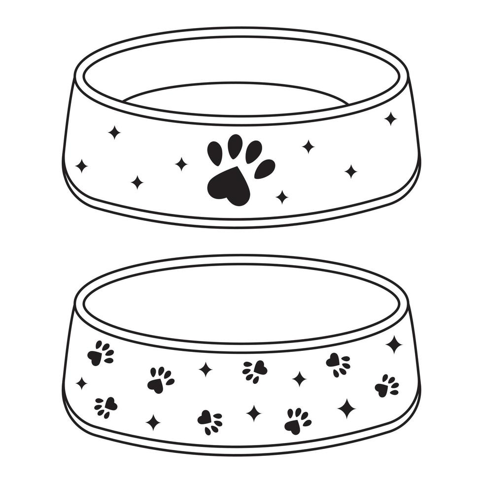 ciotola per cibo secco e acqua per cani e gatti, icona doodle contorno nero, illustrazione vettoriale isolata