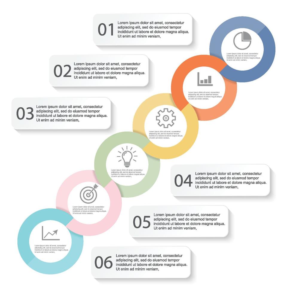 modello timeline infografica colorata orizzontale numerata per sei posizioni può essere utilizzata per flusso di lavoro, banner, diagramma, web design, grafico ad area vettore