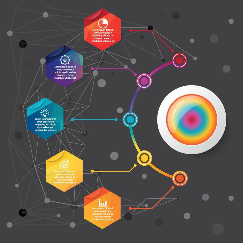 le icone vettoriali e di marketing per la progettazione di infografica timeline possono essere utilizzate per il layout del flusso di lavoro, il diagramma, la relazione annuale, il web design. concetto di business con 5 opzioni poligono, passaggi o processi.