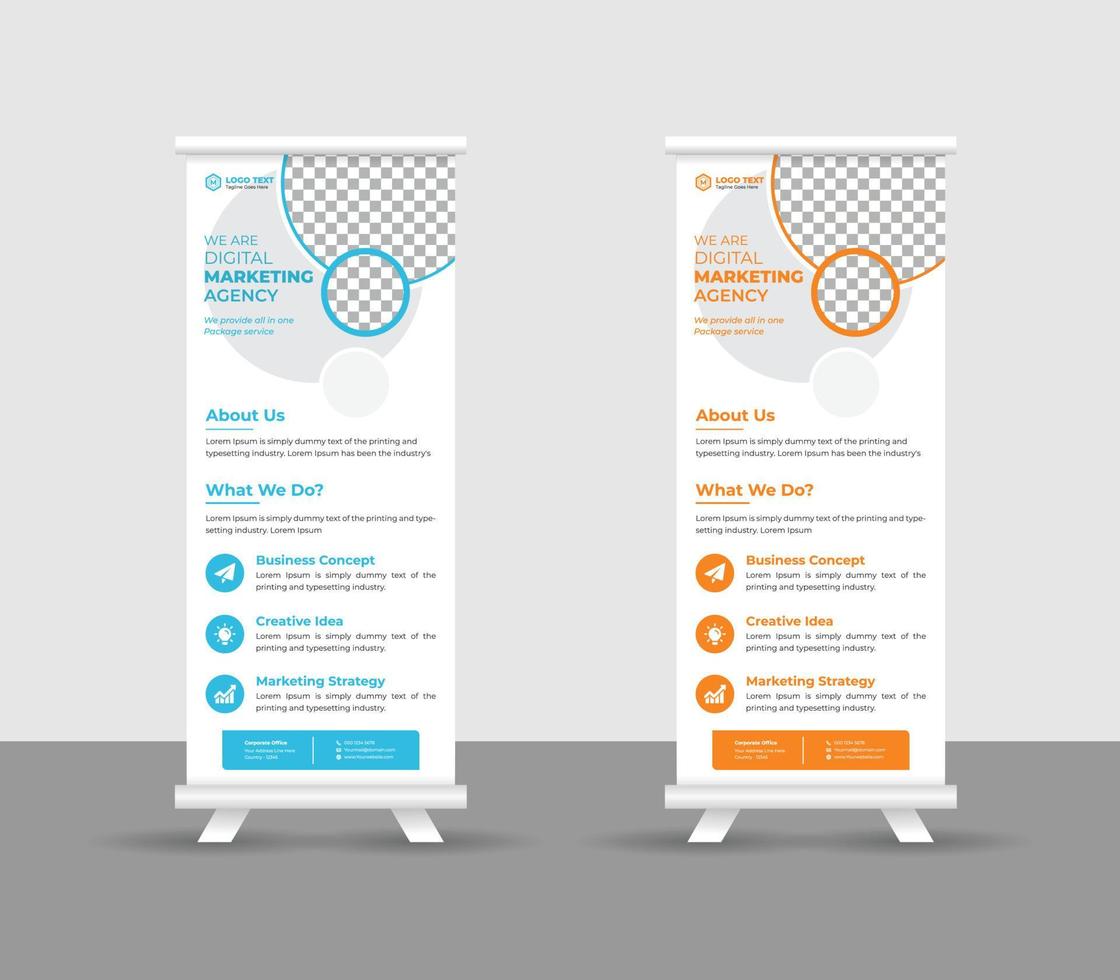 business roll up banner stand modello design, moderni supporti portatili layout banner roll-up aziendale, pull up, illustrazione vettoriale, volantino aziendale, brochure, banner aziendale vettore