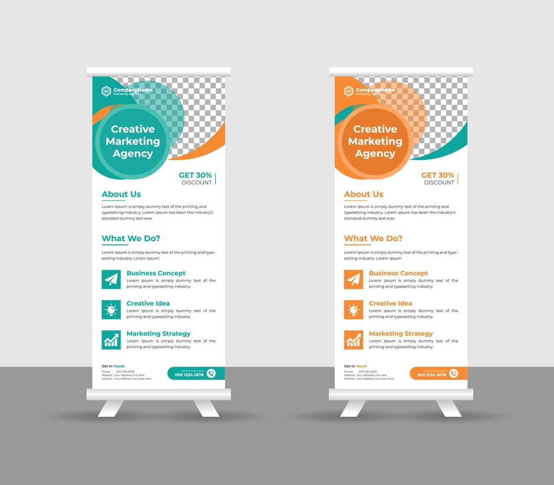 business roll up banner stand modello design, moderni supporti portatili layout banner roll-up aziendale, pull up, illustrazione vettoriale, volantino aziendale, brochure, banner aziendale vettore