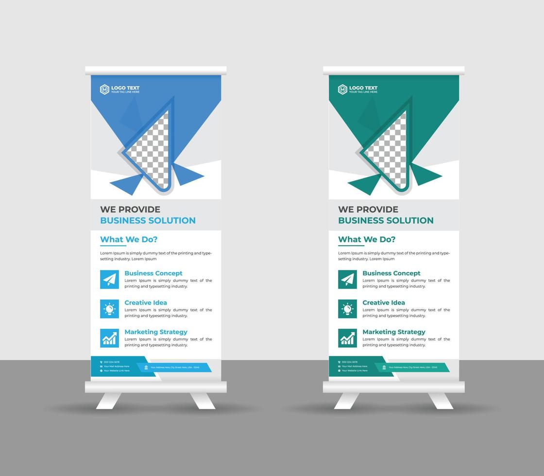 business roll up banner stand modello design, moderni supporti portatili layout banner roll-up aziendale, pull up, illustrazione vettoriale, volantino aziendale, brochure, banner aziendale vettore