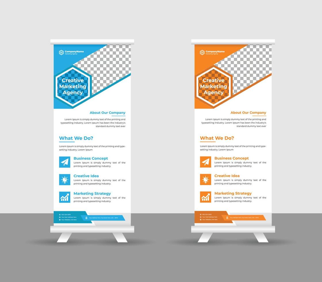 business roll up banner stand modello design, moderni supporti portatili layout banner roll-up aziendale, pull up, illustrazione vettoriale, volantino aziendale, brochure, banner aziendale vettore