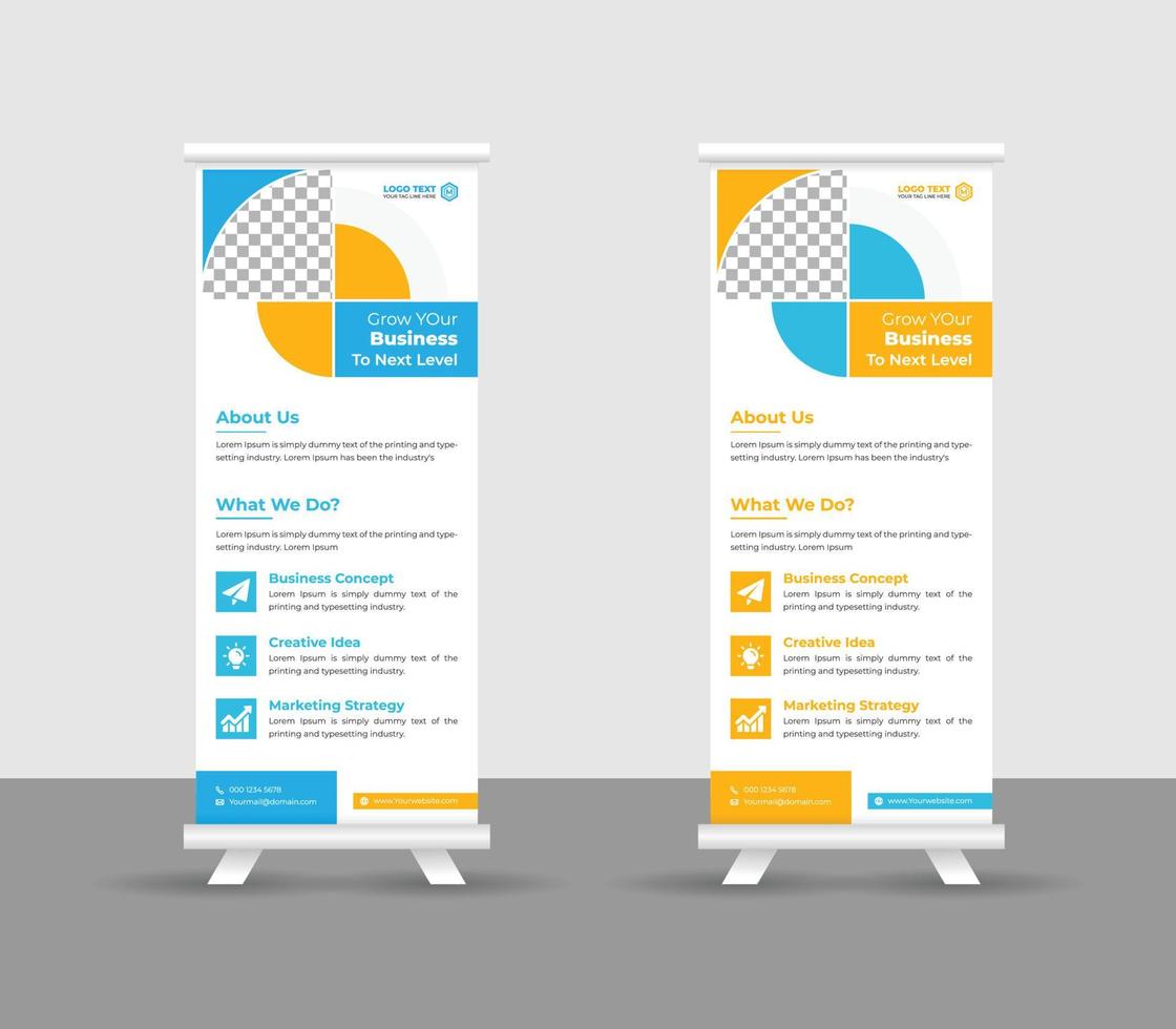 business roll up banner stand modello design, moderni supporti portatili layout banner roll-up aziendale, pull up, illustrazione vettoriale, volantino aziendale, brochure, banner aziendale vettore