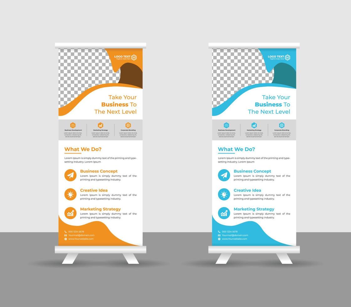 business roll up banner stand modello design, moderni supporti portatili layout banner roll-up aziendale, pull up, illustrazione vettoriale, volantino aziendale, brochure, banner aziendale vettore