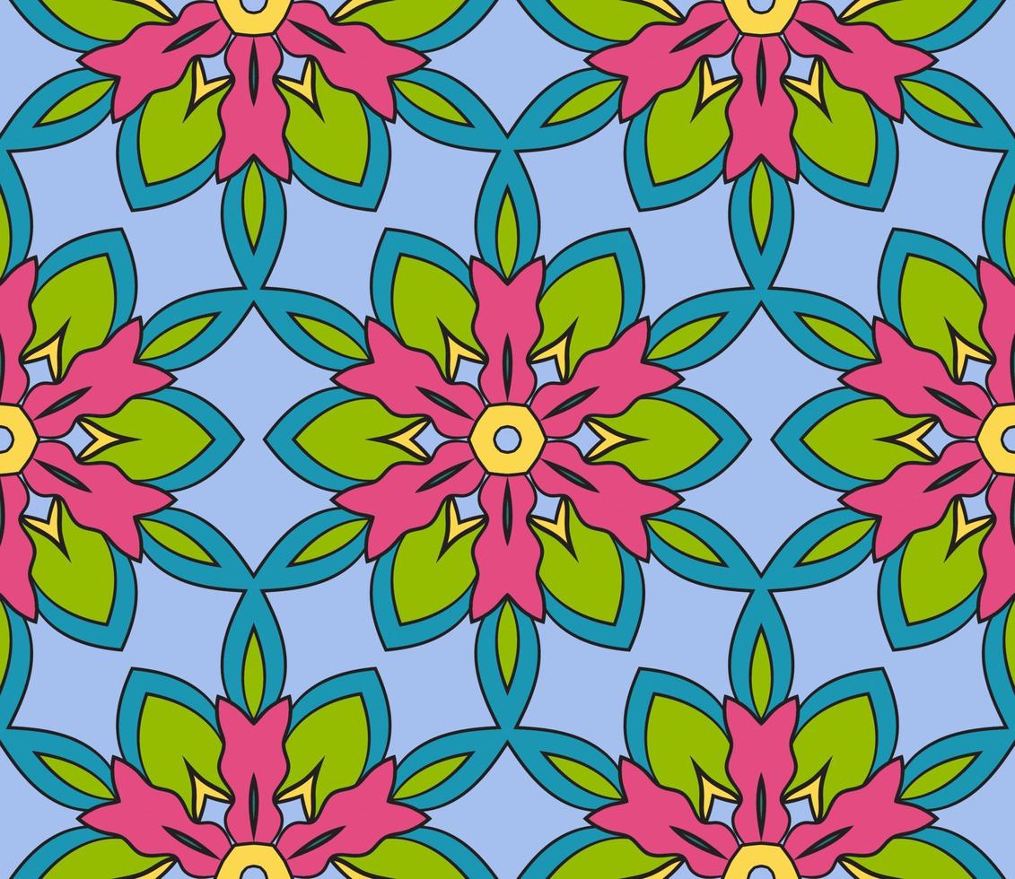 modello senza cuciture del fiore geometrico astratto di doodle colorato. sfondo floreale. mosaico caleidoscopio, geo piastrella di ornamento a linea sottile. vettore