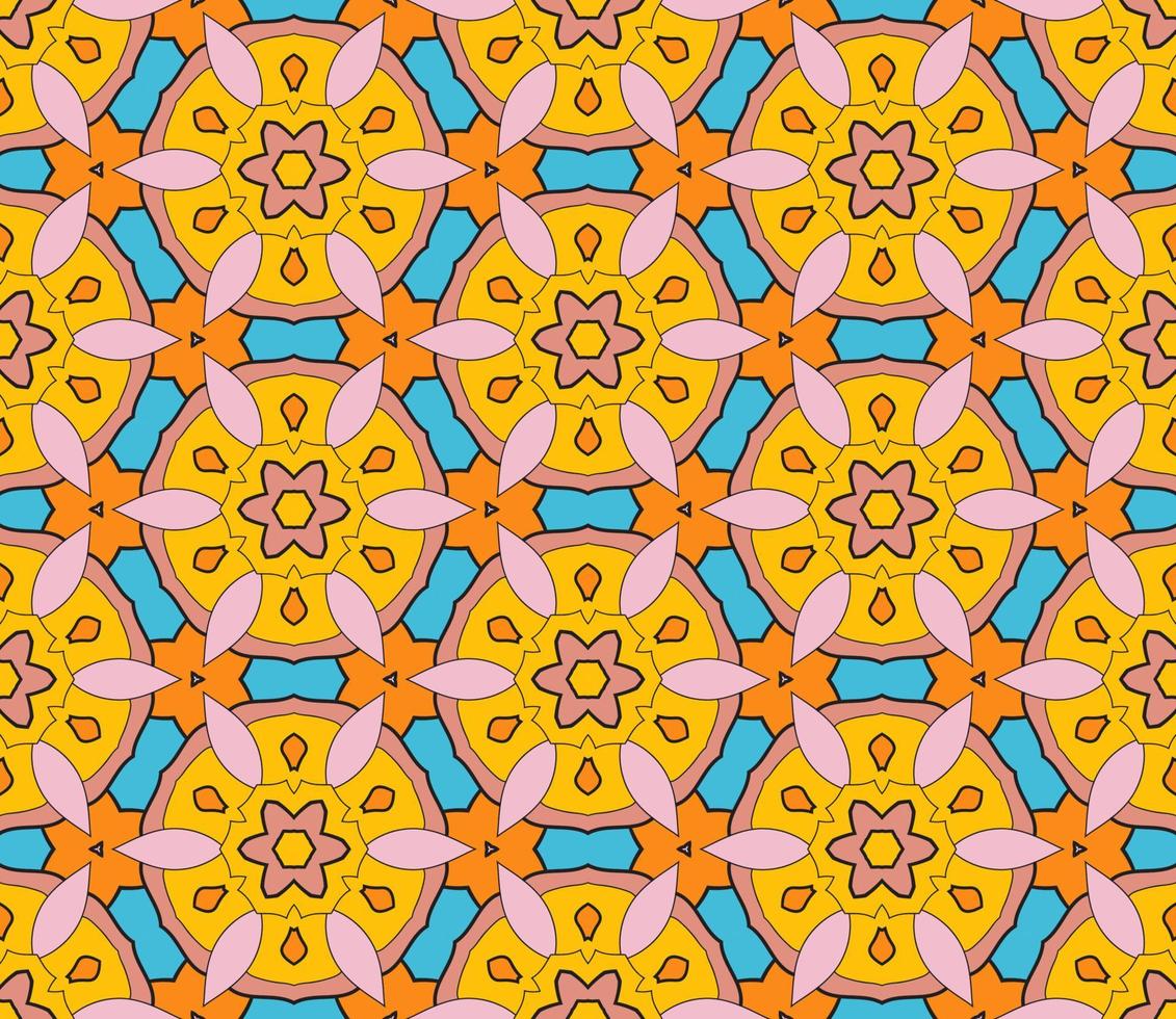 modello senza cuciture del fiore geometrico astratto di doodle colorato. sfondo floreale. mosaico caleidoscopio, geo piastrella di ornamento a linea sottile. vettore