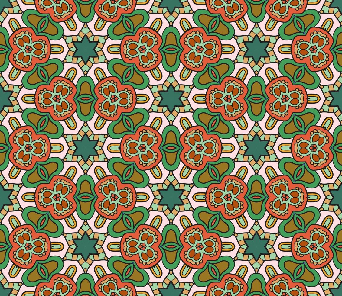 modello senza cuciture del fiore geometrico astratto di doodle colorato. sfondo floreale. mosaico caleidoscopio, geo piastrella di ornamento a linea sottile. vettore