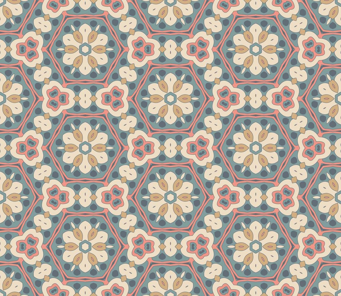 modello senza cuciture del fiore geometrico astratto di doodle colorato. sfondo floreale. mosaico caleidoscopio, geo piastrella di ornamento a linea sottile. vettore