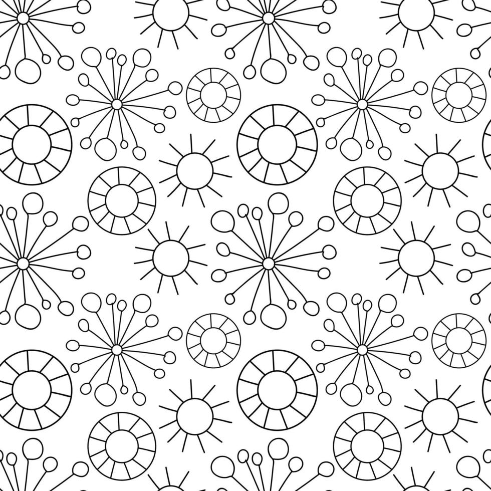 seamless patternaabstract doodle linea sottile motivo senza cuciture con scoppio di sole, cerchi. vettore
