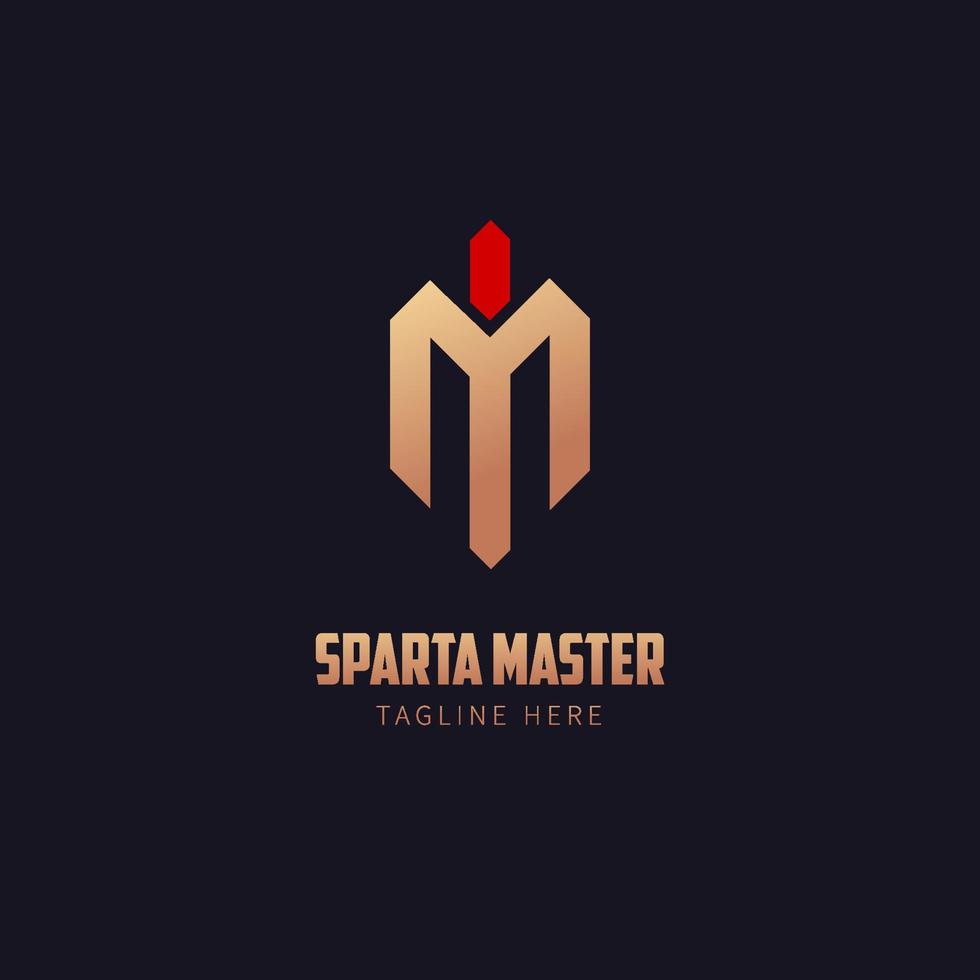 logo della lettera m con simbolo del casco spartano. vettore dell'illustrazione del maestro spartano