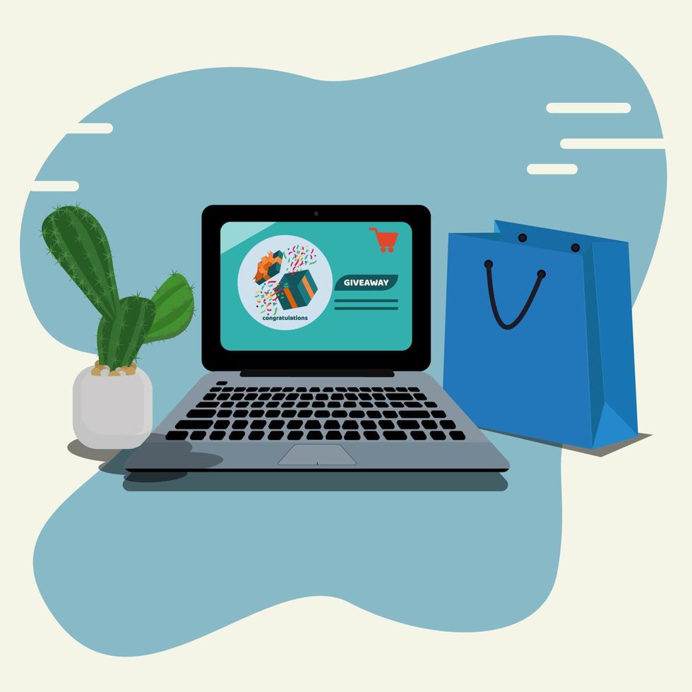confezione regalo aperta sullo schermo del laptop, illustrazione vettoriale del concetto di negozio online in omaggio