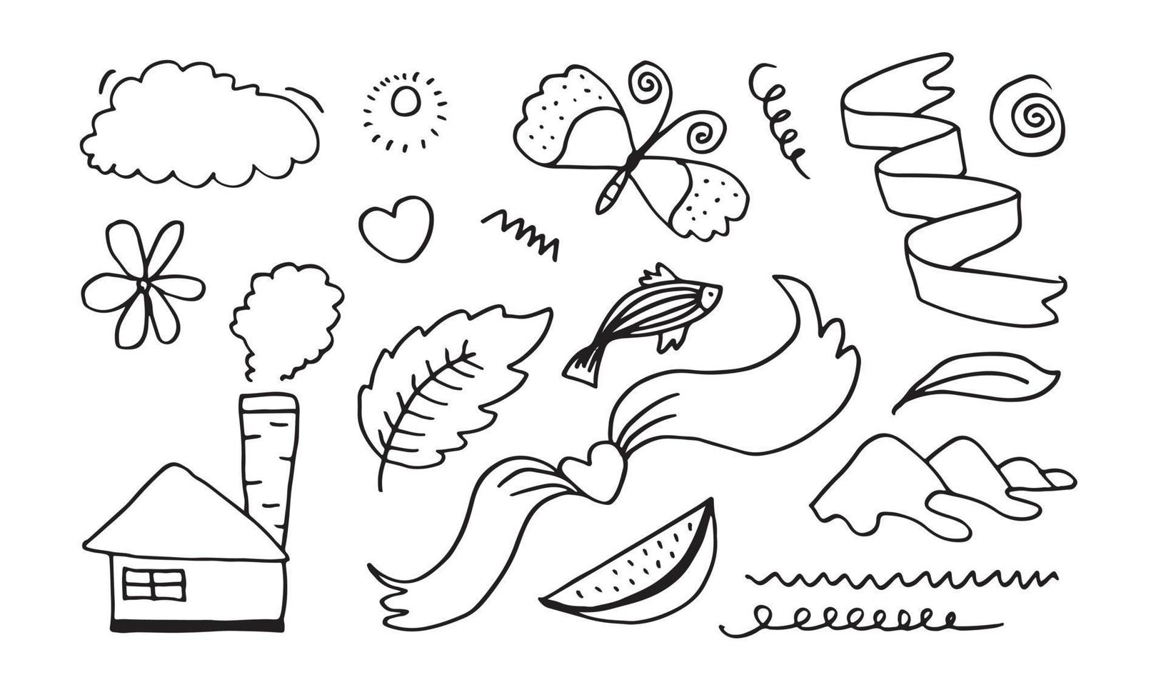 elementi doodle set disegnati a mano per concept design isolato su sfondo bianco. illustrazione vettoriale. vettore