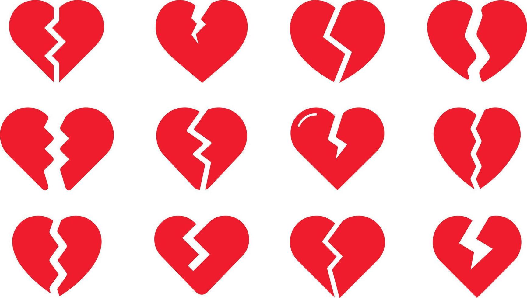 set cuore spezzato rosso. simboli a forma di cuore spezzato. vettore