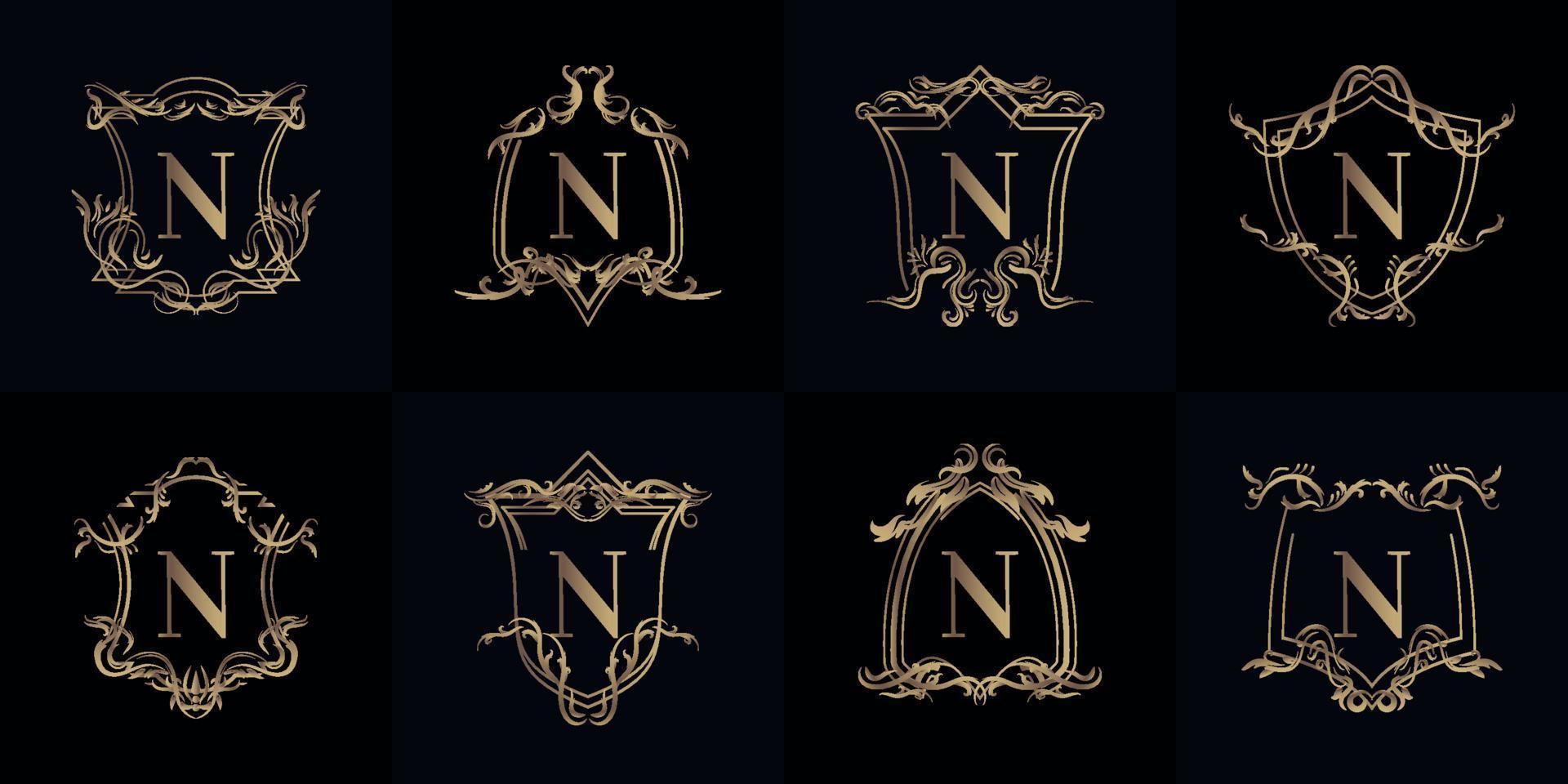 collezione di logo iniziale n con ornamento di lusso o cornice floreale vettore