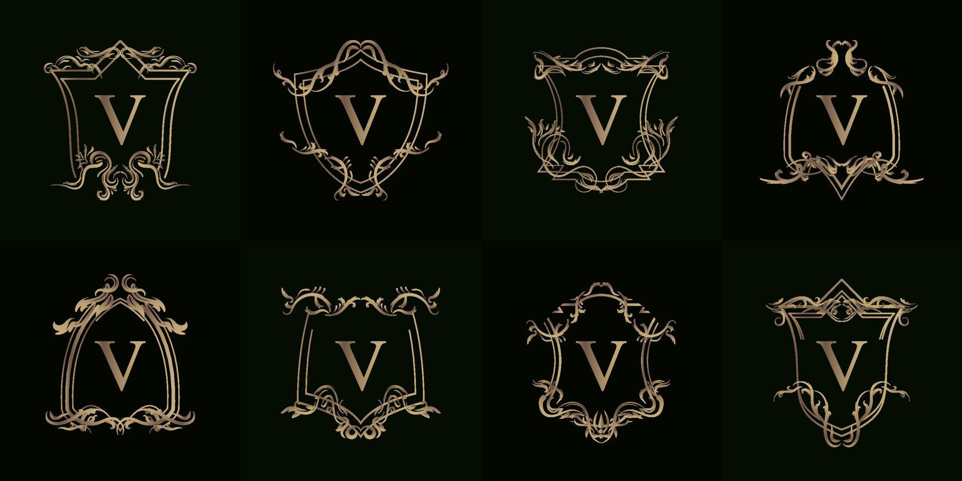 collezione di logo iniziale v con ornamento di lusso o cornice floreale vettore