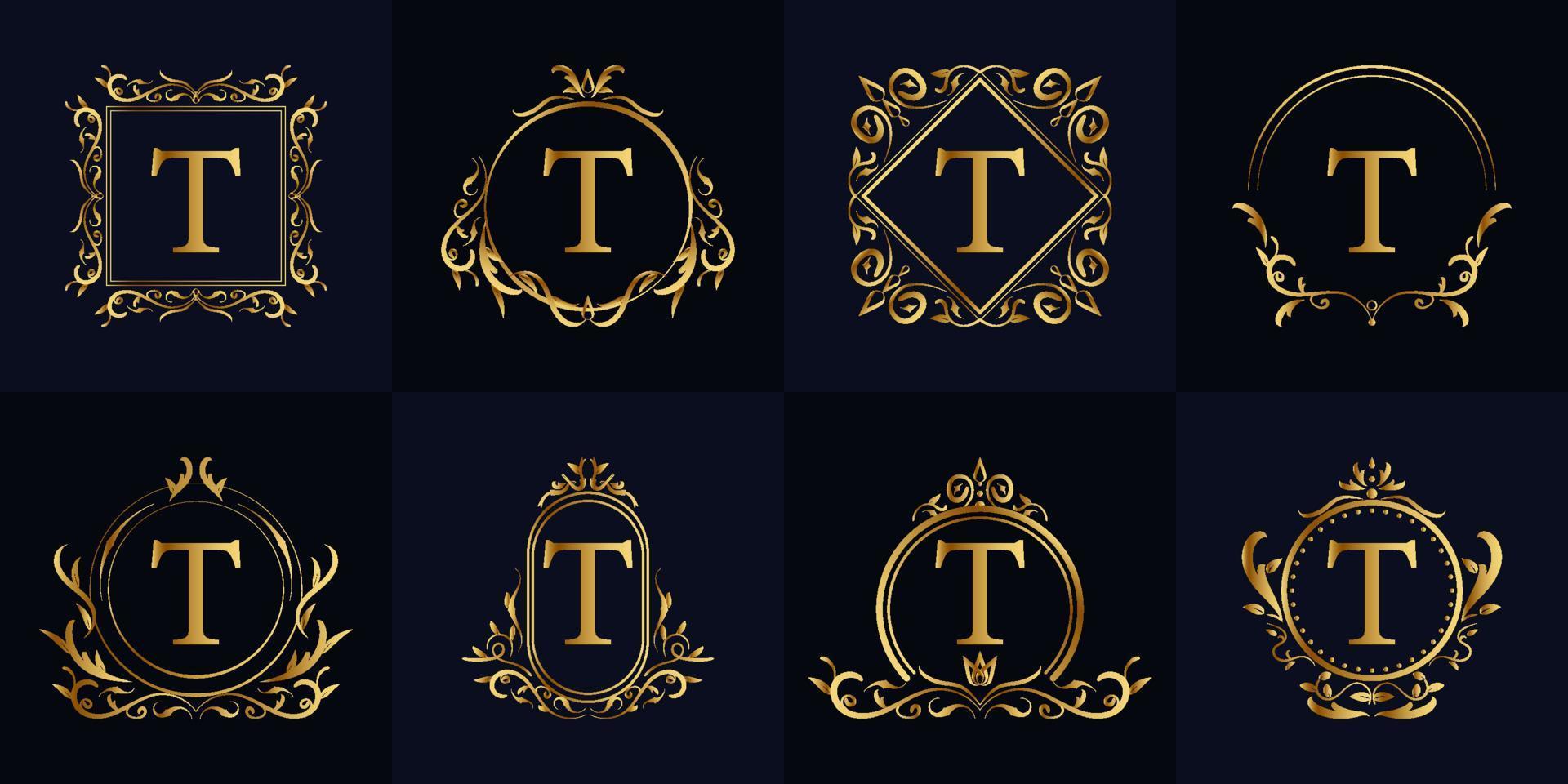 collezione di set di logo t iniziale con cornice di ornamento di lusso. design del modello di logo minimalista, creativo, semplice, elegante e moderno. vettore