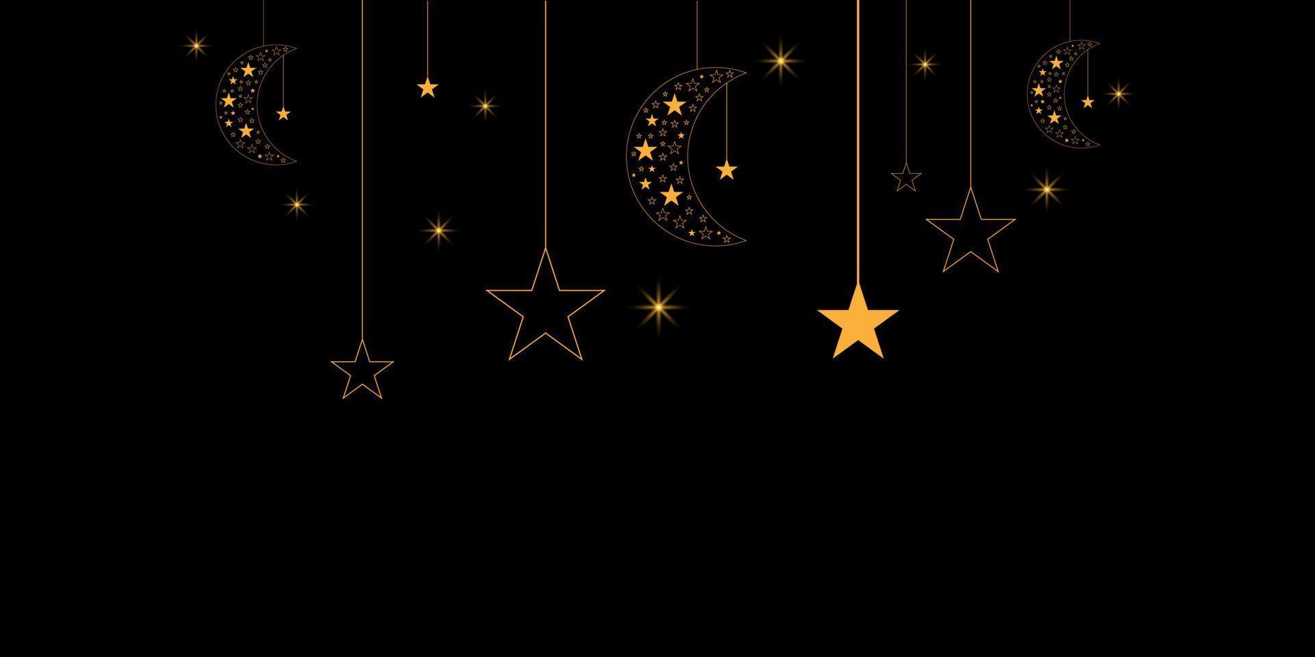 concetto di celebrazione del ramadan kareem. luna dorata e stella splendente appese su sfondo nero per un banner, sito Web. sfondo in stile islamico. festa e festival musulmano. vettore