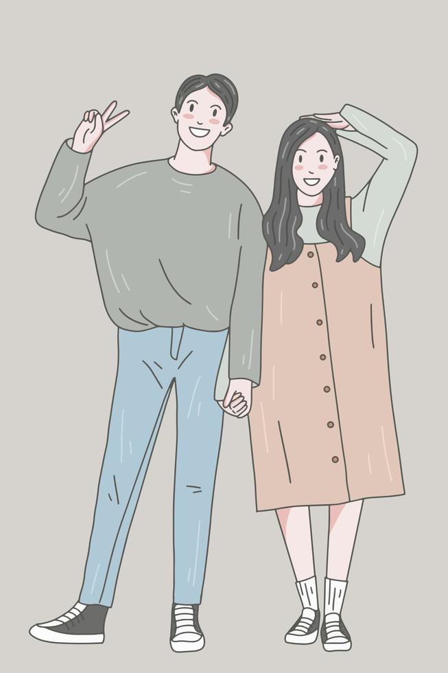 coppia carina amore felice insieme fidanzato e fidanzata donne uomini ragazza colore pastello moda clipart doodle linea arte illustrazione vettore