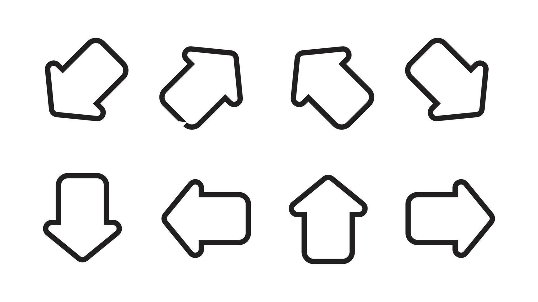 icona della freccia o insieme di segni. design piatto linea. illustrazione vettoriale. elementi di web design. destra, sinistra, su, giù, ovest, nord-ovest, sud-ovest, nord, sud-est, sud, est, nord-est e sud-est vettore