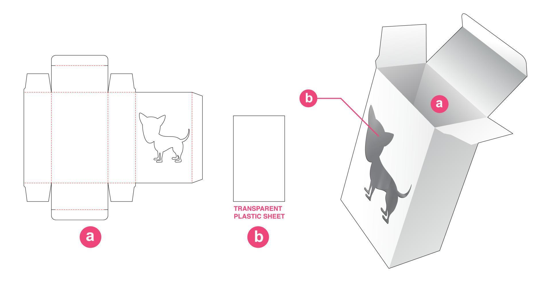 scatola con finestra per cani e dima fustellata in foglio di plastica trasparente vettore
