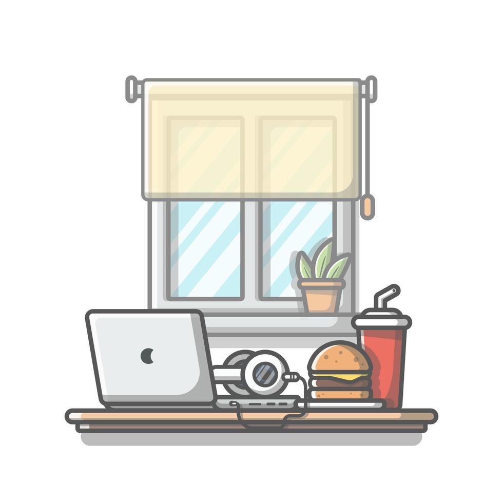 computer portatile con illustrazione dell'icona di vettore del fumetto delle cuffie, dell'hamburger e della soda. tecnologia cibo e bevande icona concetto isolato vettore premium. stile cartone animato piatto