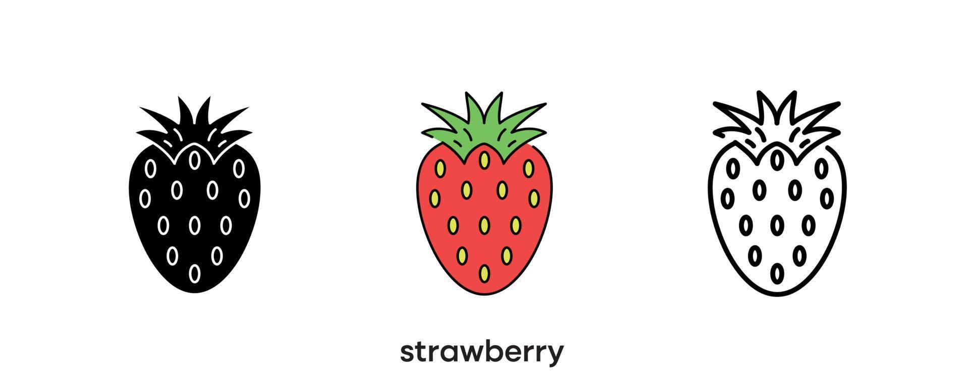 disegno dell'icona della fragola. icona di fragola impostata in silhouette, colorata e lineare. illustrazione vettoriale della linea dell'icona della fragola isolata su uno sfondo pulito per il design del logo dell'applicazione mobile web.