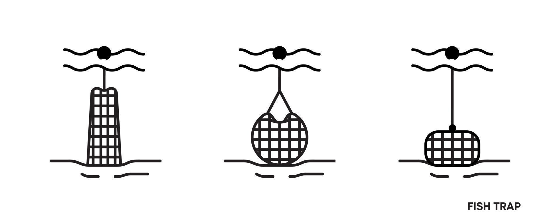set di icone di trappola per pesci. questa icona è il simbolo dell'icona dell'attrezzatura utilizzato per catturare i pesci. set di icone modificabili. club di pesca o negozio online online linea vettoriale creativa.
