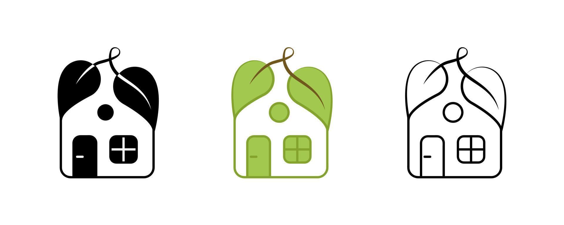 icona della casa con foglia creativa. contiene simboli come foglia, casa. design del logo di uno stile di vita sano e vegano. tratto modificabile. set di icone colorate, silhouette e lineari. vettore