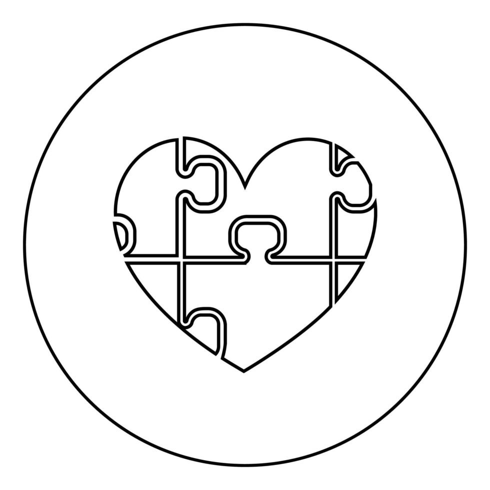 cuore con puzzle l'icona di colore nero in cerchio o rotondo vettore
