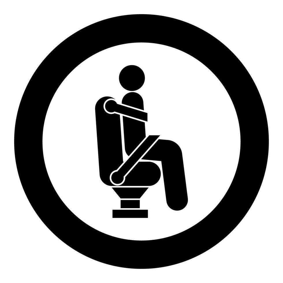 uomo sul seggiolino auto utilizzando la cintura dell'auto per la sicurezza umana con cintura di sicurezza bastone auto concetto icona colore nero illustrazione in cerchio rotondo vettore