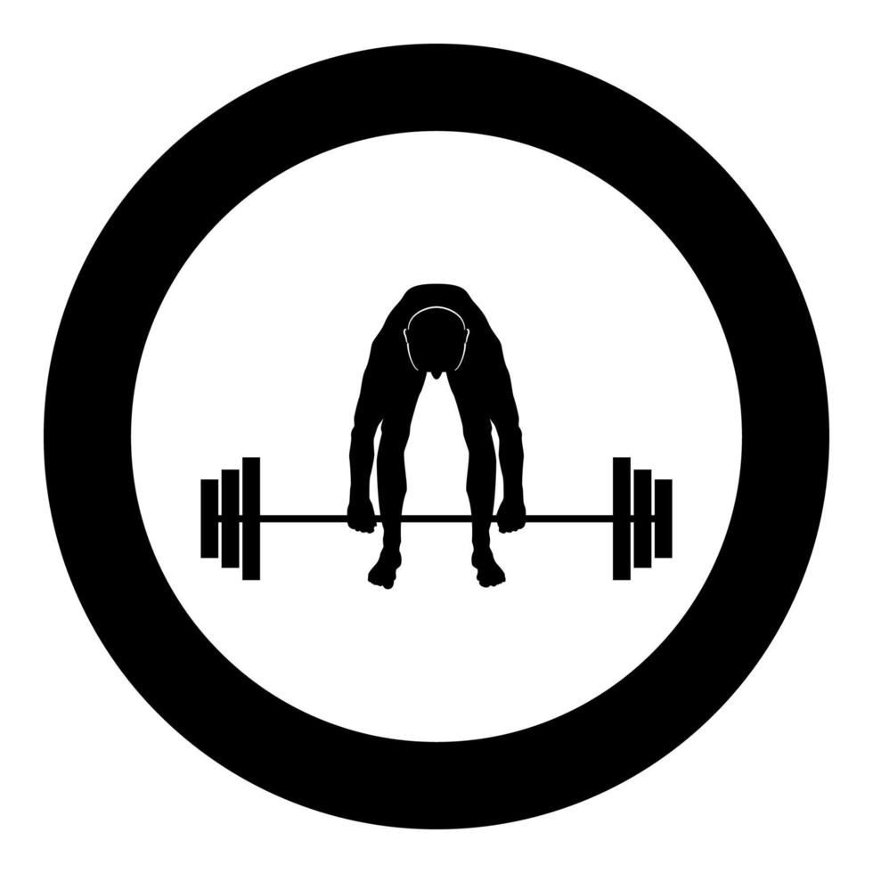 sollevatore di pesi uomo muscoloso facendo sollevamento del bilanciere sportivo sollevamento pesi silhouette icona colore nero illustrazione in cerchio rotondo vettore