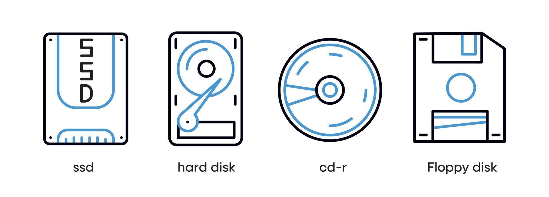 set di icone di ssd, disco rigido, cd-r e floppy disk. questo simbolo è il set di simboli per le parti del computer. icona del disco colorato. tratto modificabile. logo, web e app. vettore