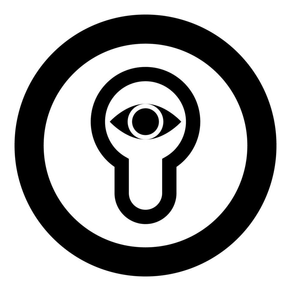 Occhio del buco della serratura che guarda l'icona del concetto di aspetto della porta della serratura in cerchio nero colore nero illustrazione vettoriale immagine in stile piatto