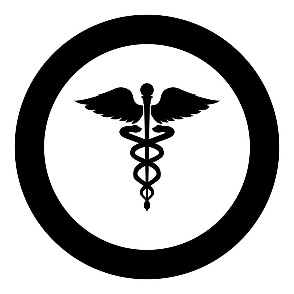 simbolo della salute del caduceo icona della bacchetta di asclepio colore nero in cerchio rotondo vettore