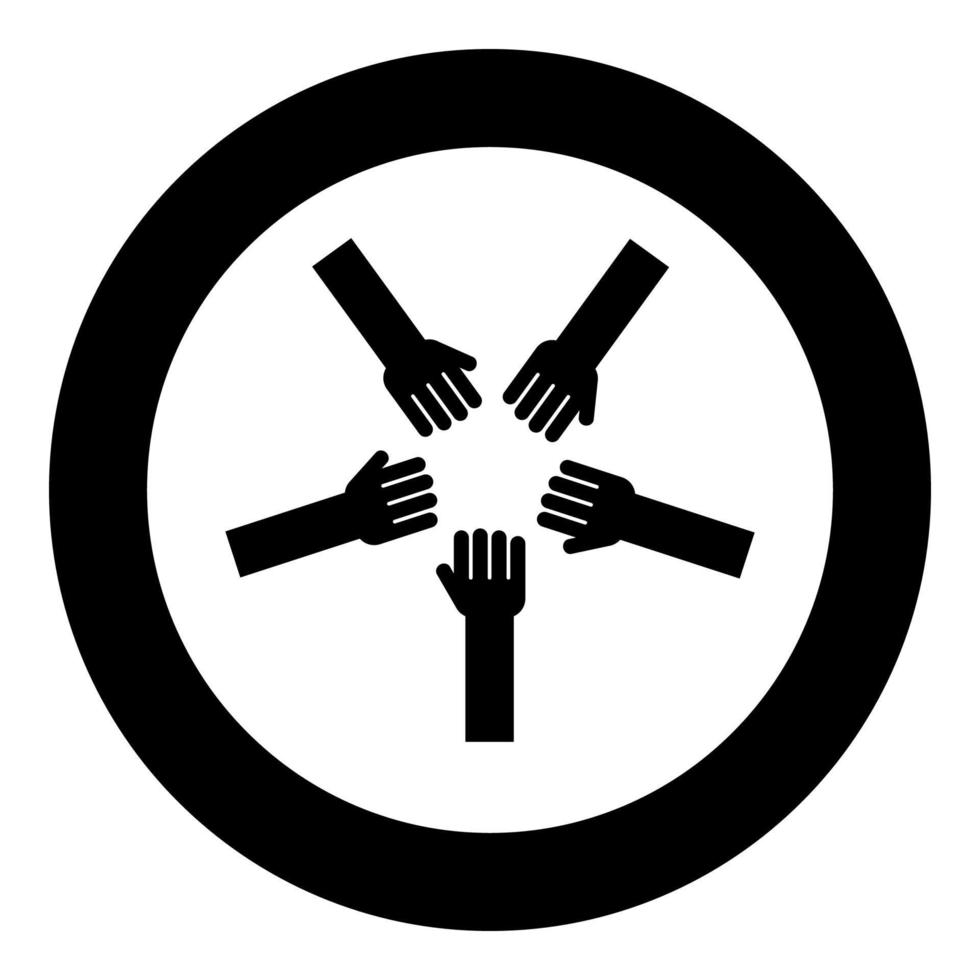 cinque mani gruppo braccia molte mani che collegano i palmi aperti persone che mettono insieme le mani impilare le mani concetto unità icona in cerchio rotondo colore nero illustrazione vettoriale stile piatto immagine