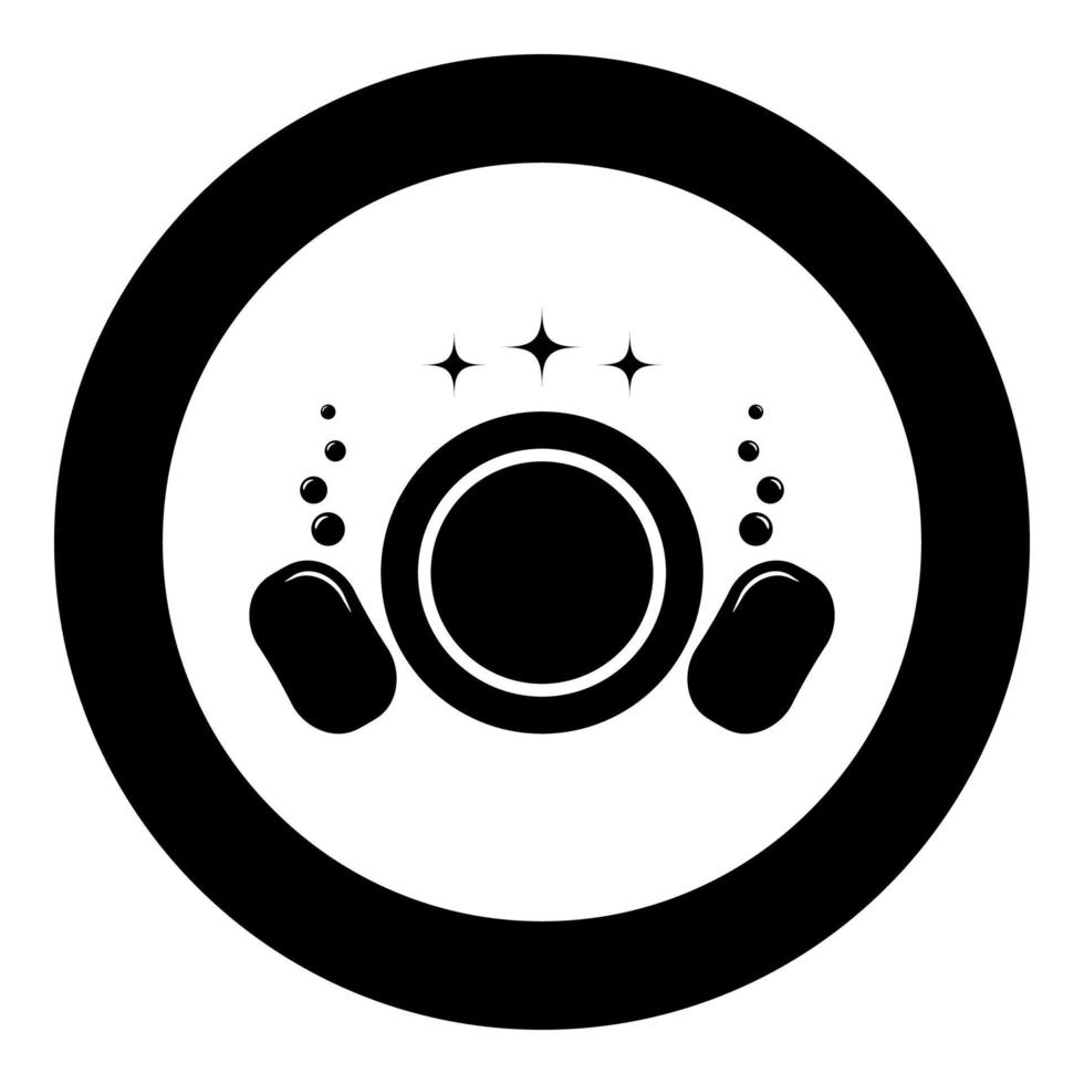 concetto di lavaggio piatti pulizia piatti spugna spugna bolle pulire cucina idea icona in cerchio rotondo colore nero illustrazione vettoriale stile piatto immagine